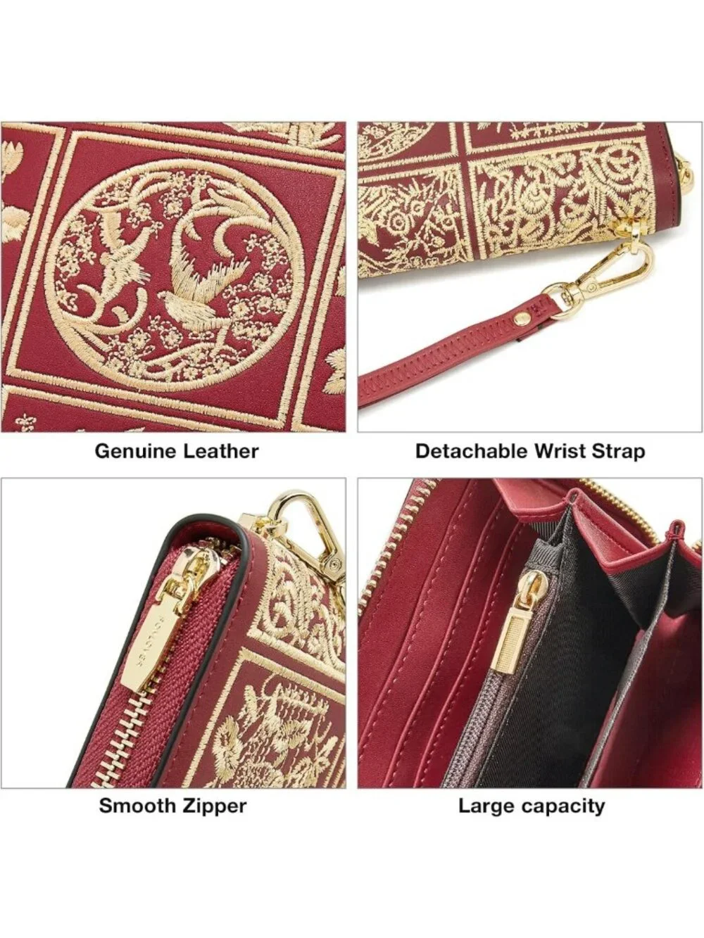Stylish RFID Blocking Leather Wallet for Women - Embroidered Zip Wristlet Clutch